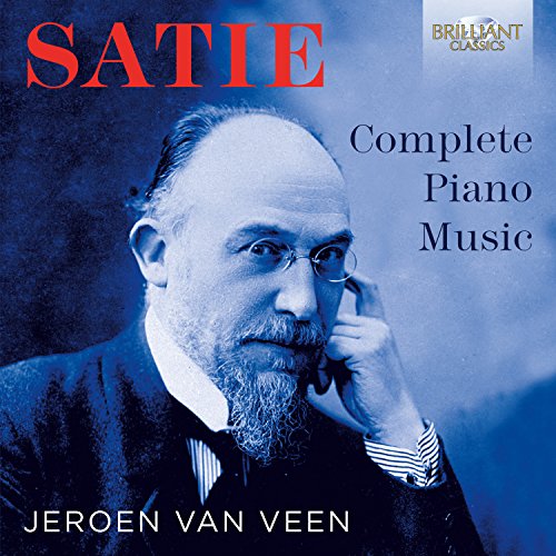 CD cover featuring a portrait of Erik Satie against a blue background with text.