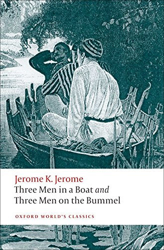 Book cover depicting three men in a striped boat with oars.