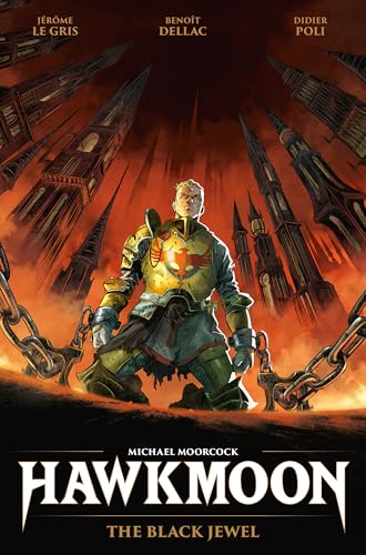 Fantasy book cover: armored man kneels before towering, spired city.