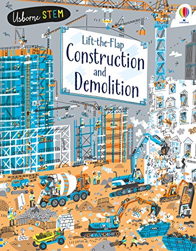 Illustrated construction site with cranes, excavators, and workers, titled Lift-the-Flap Construction and Demolition.