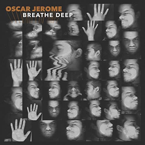 "Black and white album cover with multiple images of a man's face and hands."
