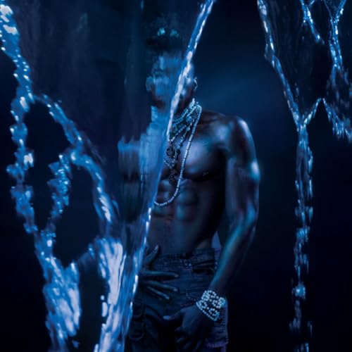Shirtless man with jewelry, partially obscured by water-like effects.