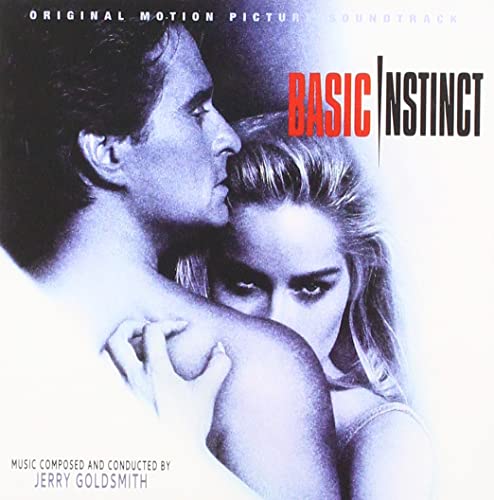CD cover for "Basic Instinct" soundtrack by Jerry Goldsmith, couple embraced.