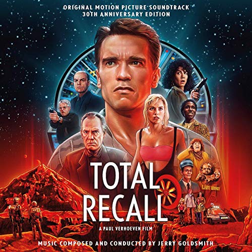 Total Recall 30th Anniversary soundtrack CD cover featuring Arnold Schwarzenegger and film cast members.