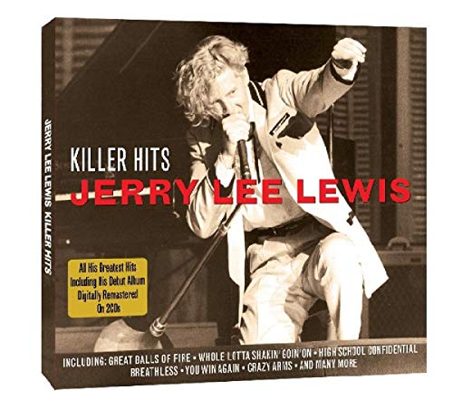 Jerry Lee Lewis performing at a piano on the cover of his CD album.