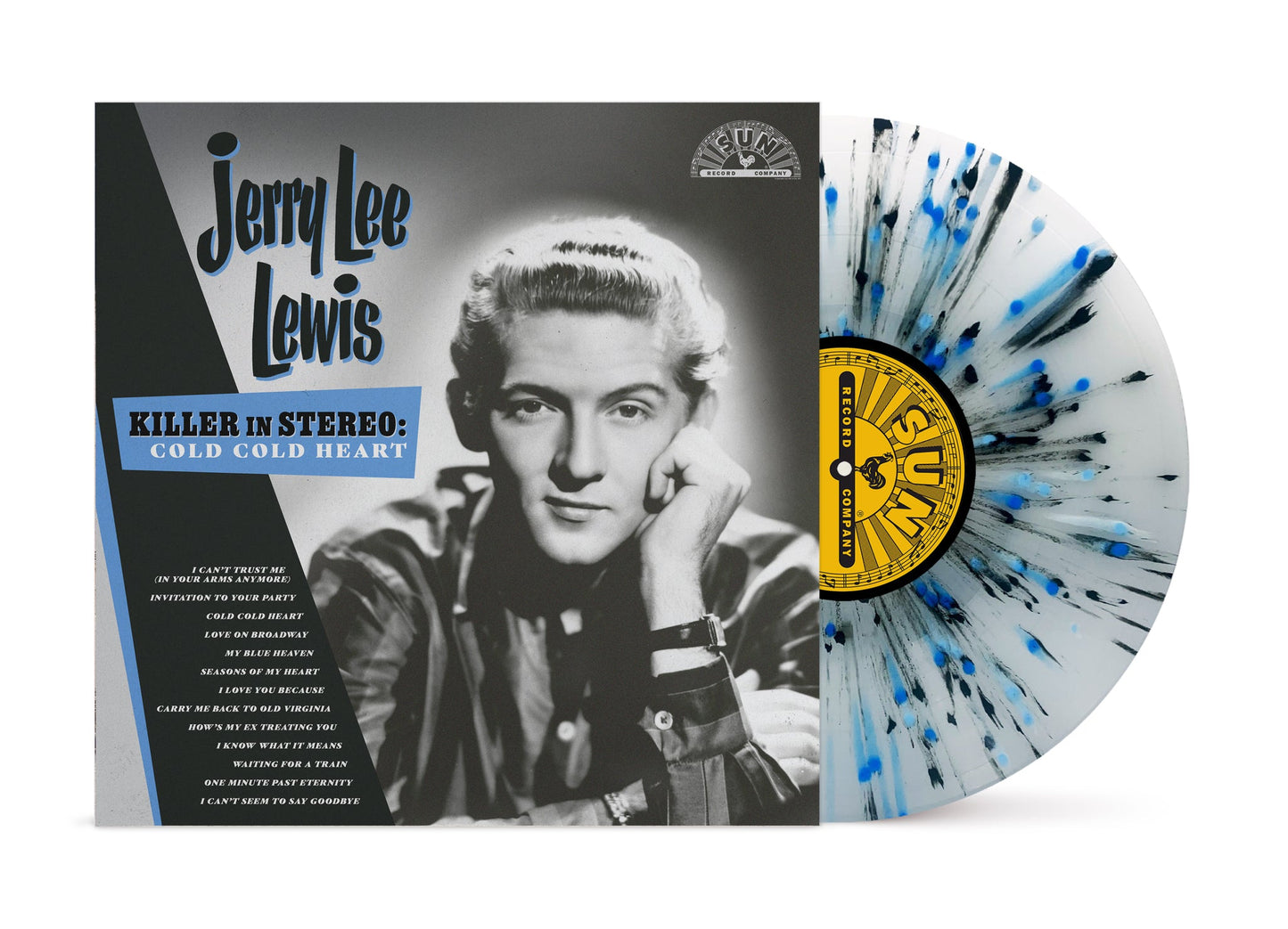 Jerry Lee Lewis vinyl record with portrait and blue-white swirl pattern.