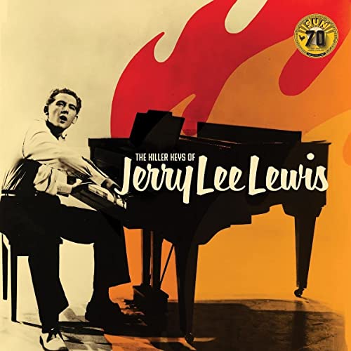 Jerry Lee Lewis at a piano with a flame graphic, album cover.