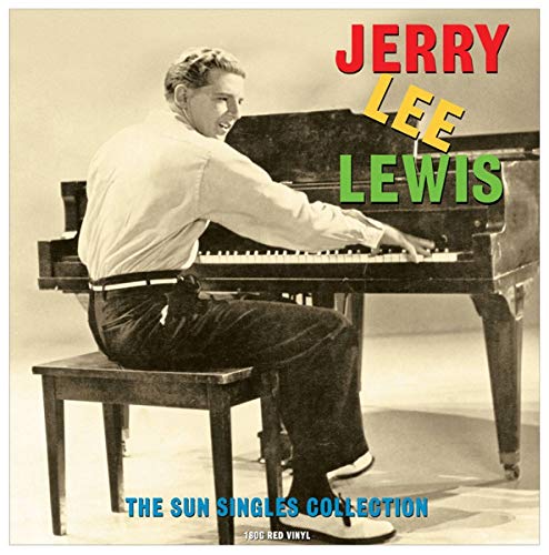 Jerry Lee Lewis at a piano, album cover for "Sun Singles" vinyl record.