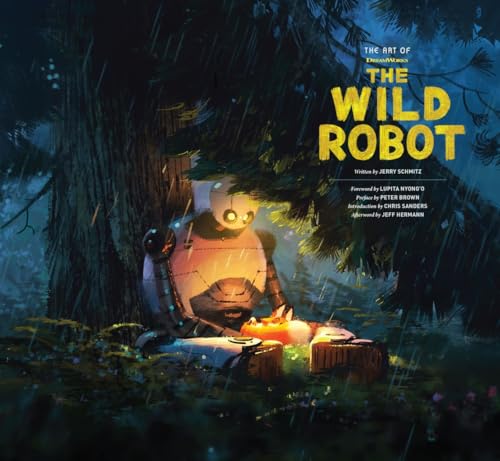 Robot in a forest clearing, book cover art with yellow title text.