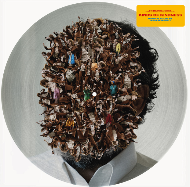 Vinyl record for "Kinds of Kindness" soundtrack, featuring a crowd image.