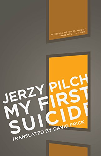 Book cover: orange and black geometric design, title "My First Suicide" visible.