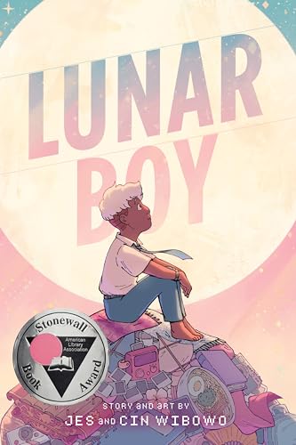 Book cover: boy sits atop a pile of belongings before a large moon.