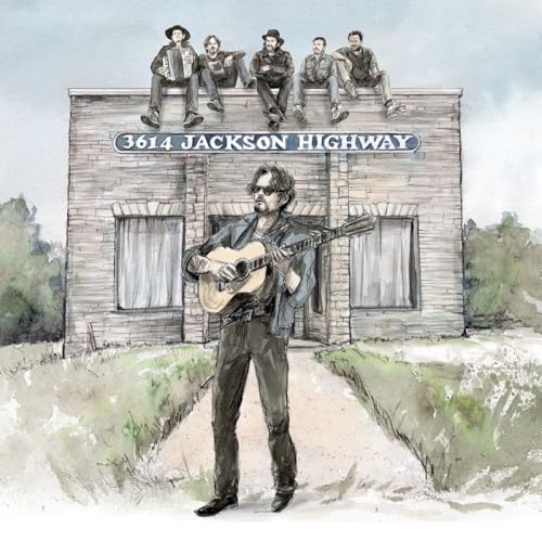 Watercolor-style album cover featuring a guitarist and figures on a building.