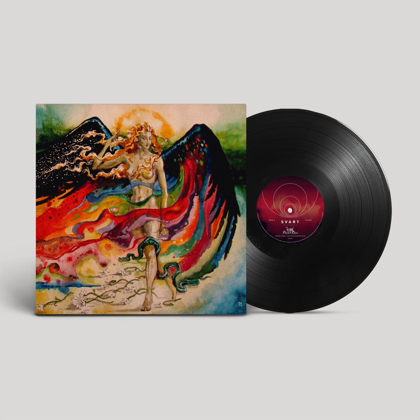 Vinyl record with painted cover featuring a winged figure in a landscape.
