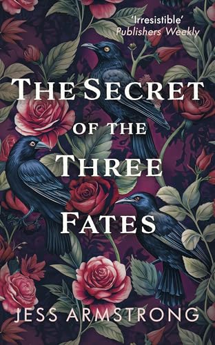 Book cover with three ravens amongst dark red and green floral patterns.