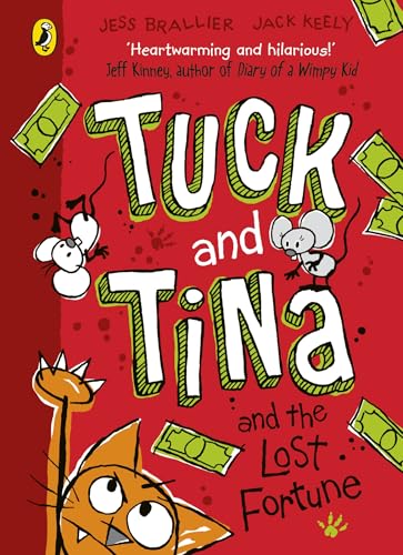 Book cover: orange cat, two mice, and falling money on red background.