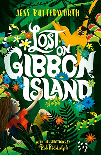 Book cover: jungle scene with a girl, gibbon, and colorful foliage.