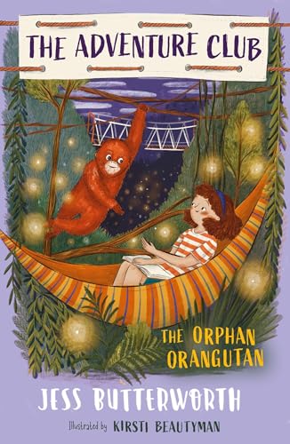 A girl reads in a hammock while an orangutan hangs from vines nearby.