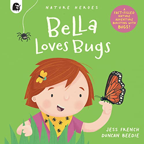 A girl with a butterfly on her finger on a green book cover.