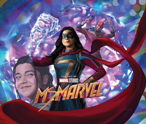 Ms. Marvel and characters in dynamic poses with colorful, abstract energy.