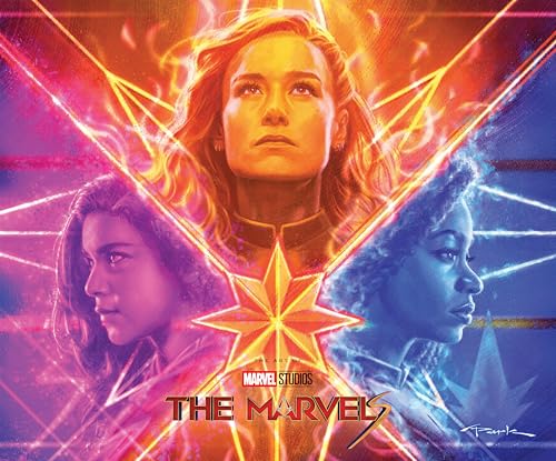 “The Marvels” movie art book cover featuring Captain Marvel and two other heroines.
