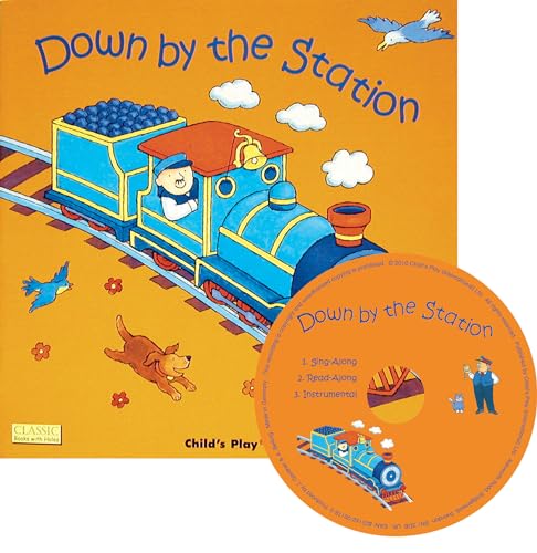 Children’s book cover featuring a blue steam train with a conductor and dog.