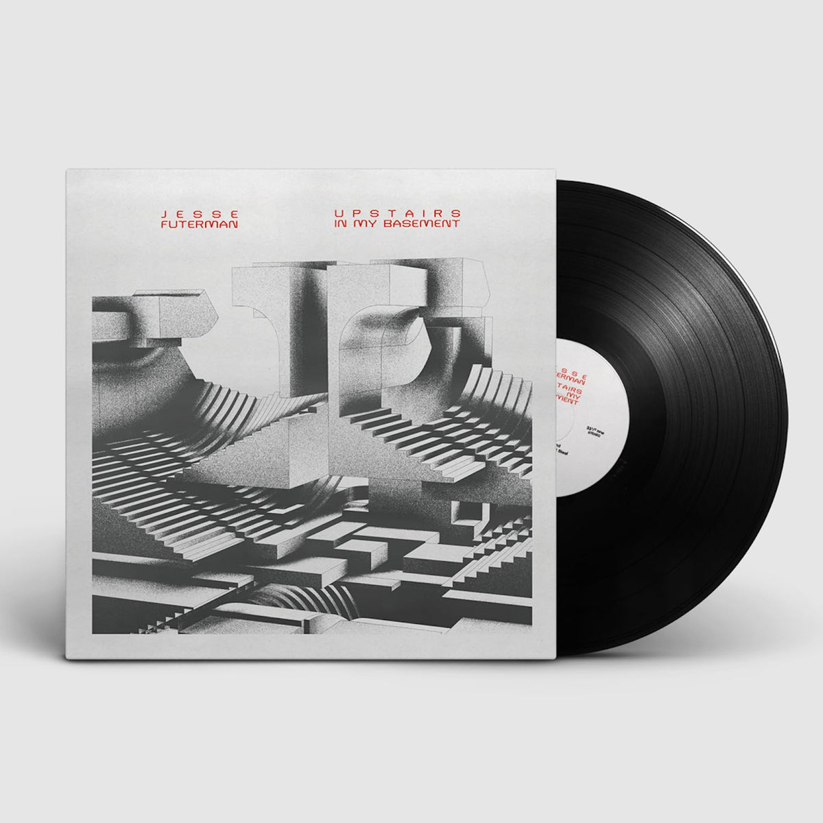 Vinyl record with album cover featuring an architectural staircase illustration.