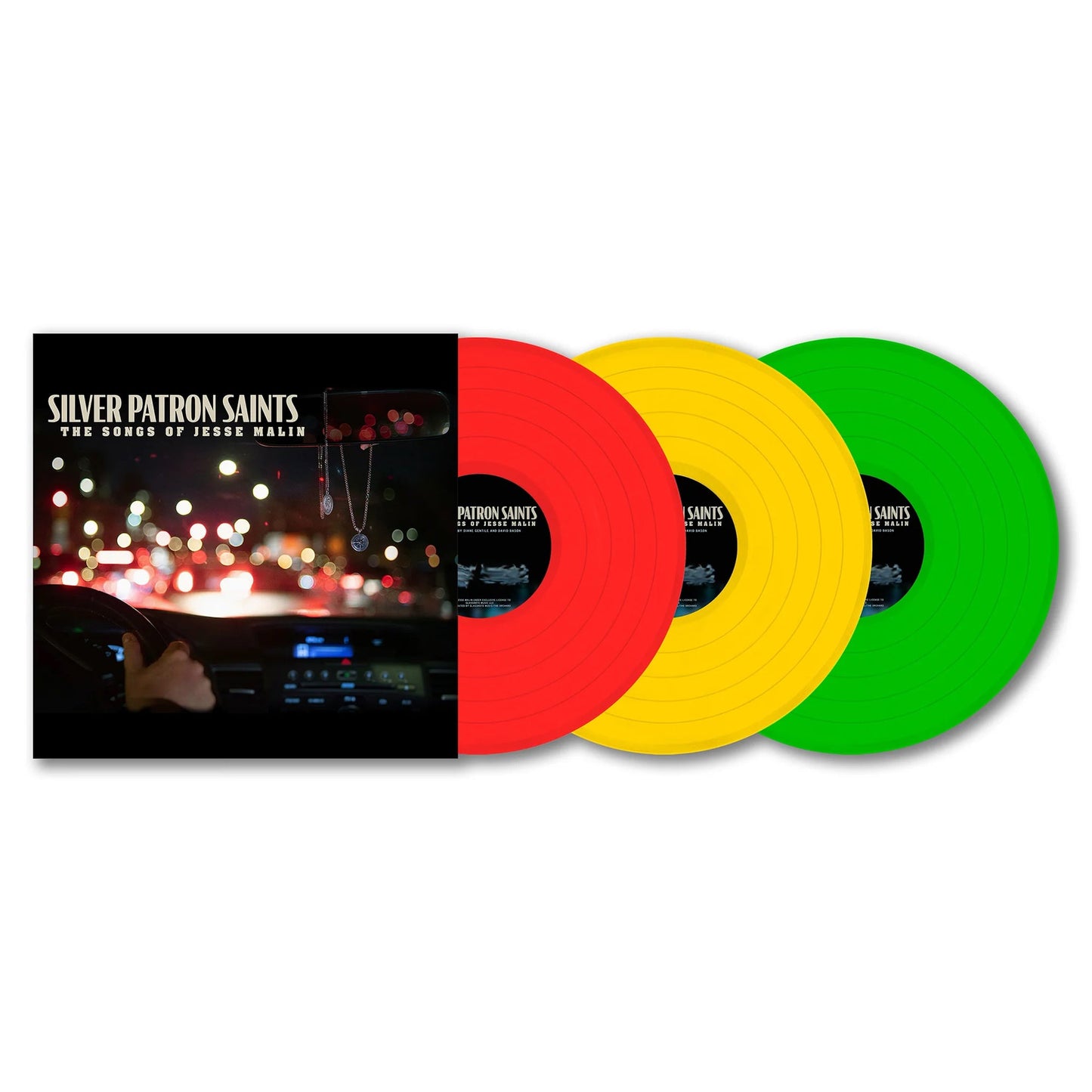 Album cover next to three vinyl records in red, yellow, and green.