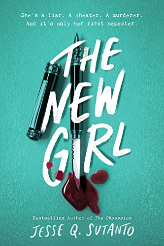 Book cover with title "The New Girl," a pen, and a blood-stained knife.