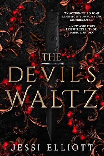 Book cover: “The Devil’s Waltz” with a knife and floral designs.