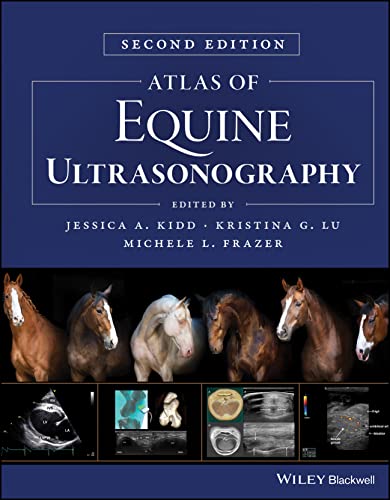 Book cover: "Atlas of Equine Ultrasonography," second edition, with horse images and scans.
