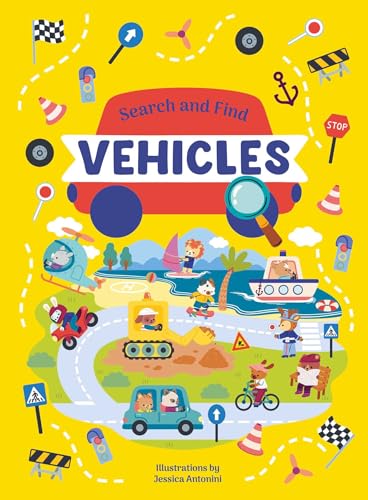 Colorful children's book cover, "Search and Find Vehicles," with illustrated scenes.