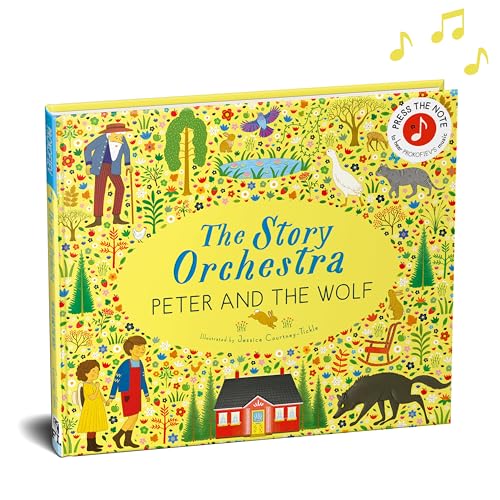Yellow book cover depicting scenes from "Peter and the Wolf" story.