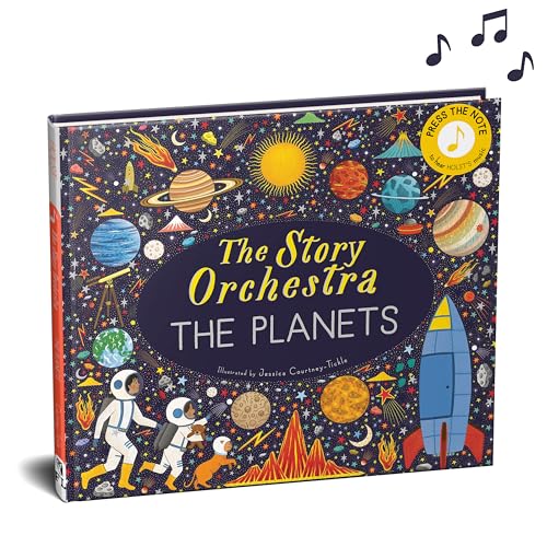 Book cover depicting planets, astronauts, a rocket, and musical notes.