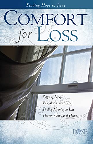 Book cover, “Comfort for Loss,” with a window and draped curtain.
