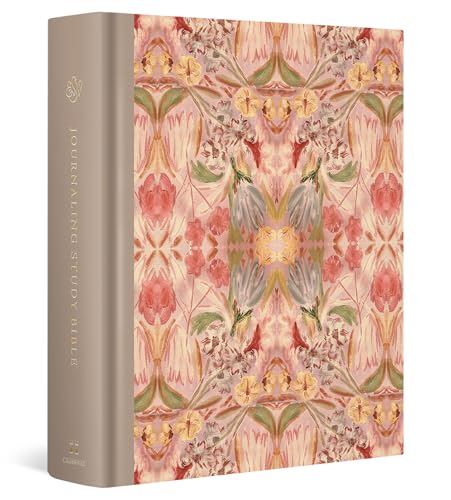Floral patterned Bible with a tan spine and ring binding.