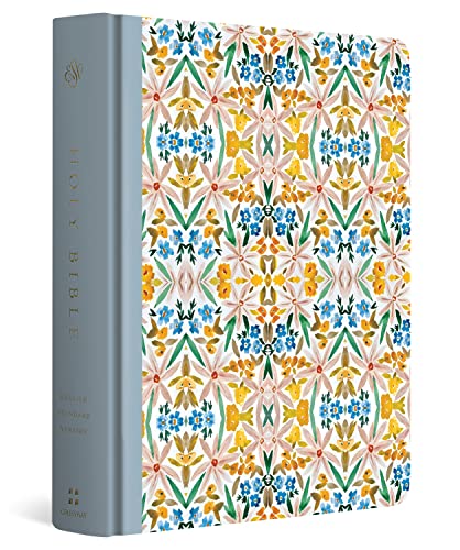 Floral patterned Bible with gray spine and gold lettering.