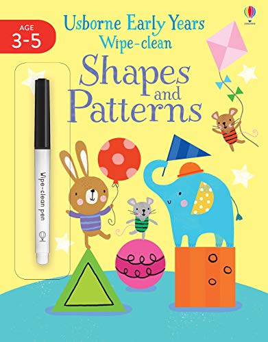 Wipe-clean activity book cover with colorful shapes, animals, and a pen.