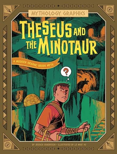 Book cover: Theseus with yarn, facing a shadowy Minotaur in a labyrinth.