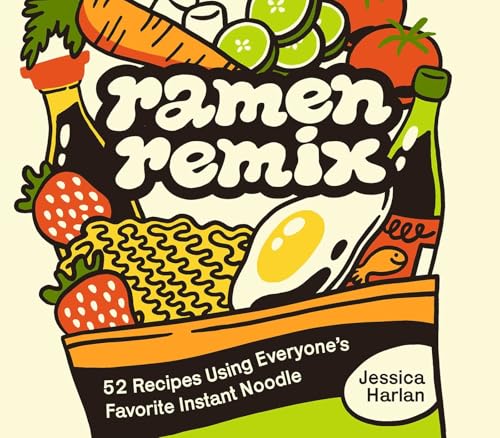 Book cover with illustrated ramen noodles and surrounding fresh produce.