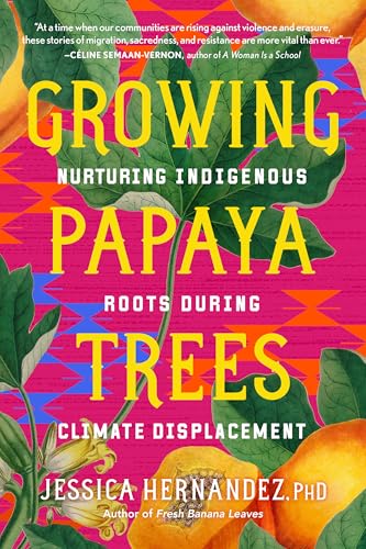 Book cover with yellow text and papaya leaves over a pink geometric background.