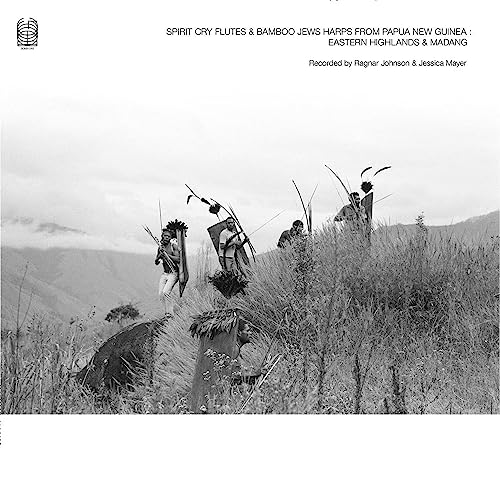 Black and white CD cover depicting Papua New Guinea villagers with instruments.