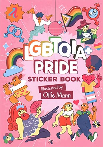 Colorful sticker book cover featuring diverse people and LGBTQIA+ symbols.