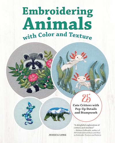 Book cover featuring embroidered raccoon, axolotl, gecko, and bear designs.