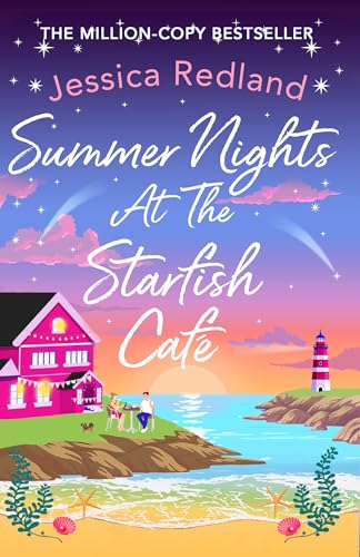 Book cover: coastal scene with a pink cafe, lighthouse, and couple.