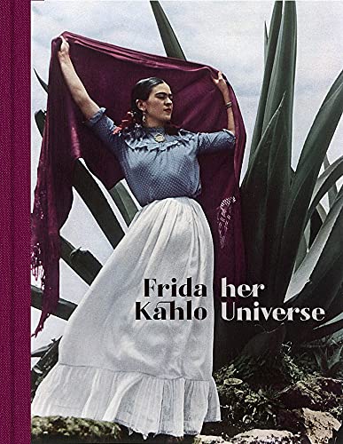 Frida Kahlo in traditional dress, book cover titled “Frida her Universe.”