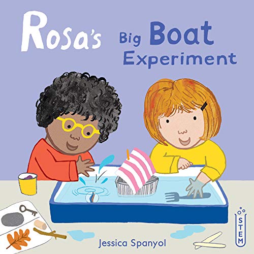 Two children conduct a boat experiment with water and household items.