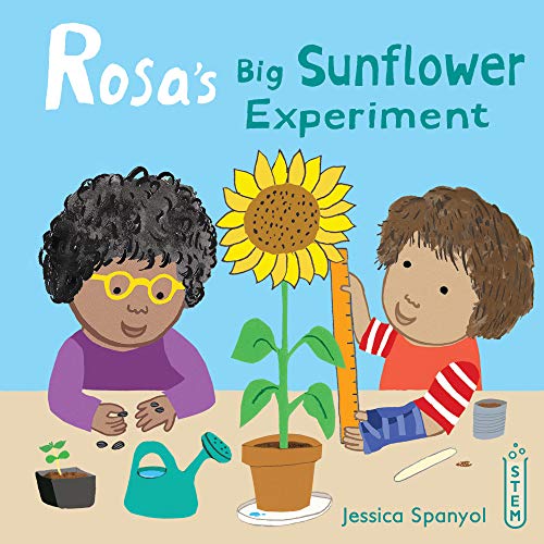 Two children measure a large sunflower with a ruler and watering can.