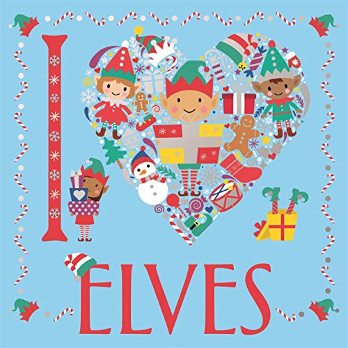Heart-shaped collage of elves, gifts, and winter items on a blue background.