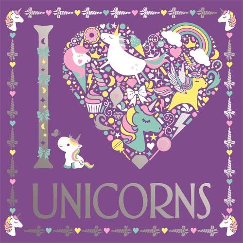 Purple cover with illustrated unicorns, hearts, rainbows, and the text "UNICORNS".